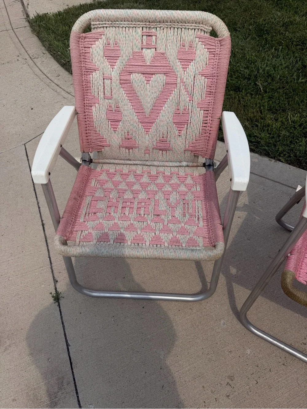 Vintage 1960s 70s Woven Aluminum Folding Lawn Chairs Pink Heart Pair  of Macrame